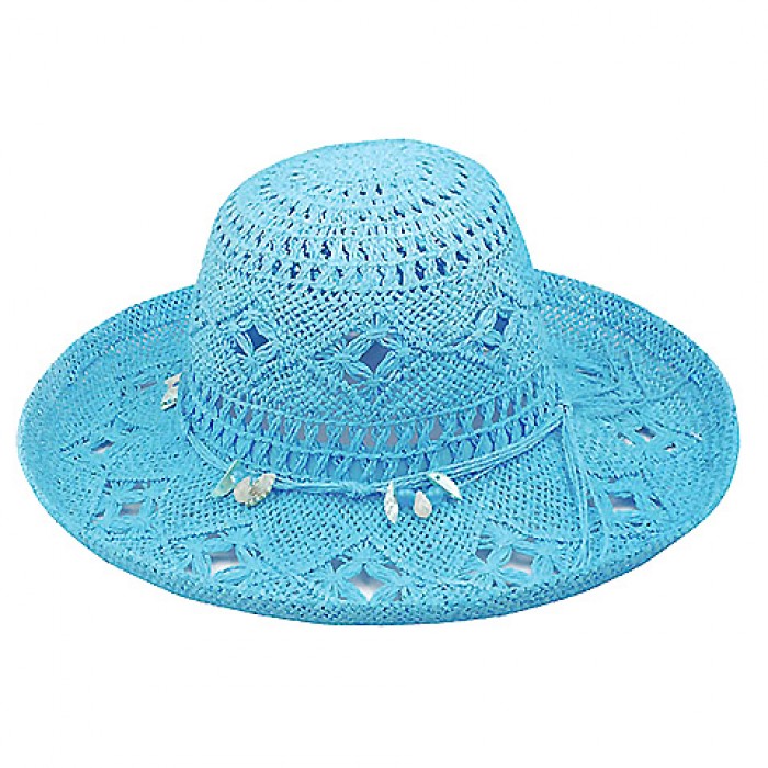 Wide Brim Crochet Toyo Straw Accent w/ Beaded Band - Blue - HT-8202BL